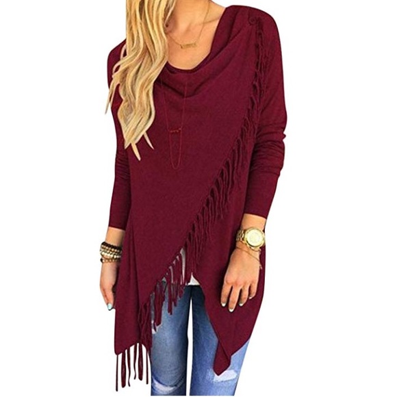Boutique Sweaters - Burgundy Red Tassel Fringe One Button Tunic